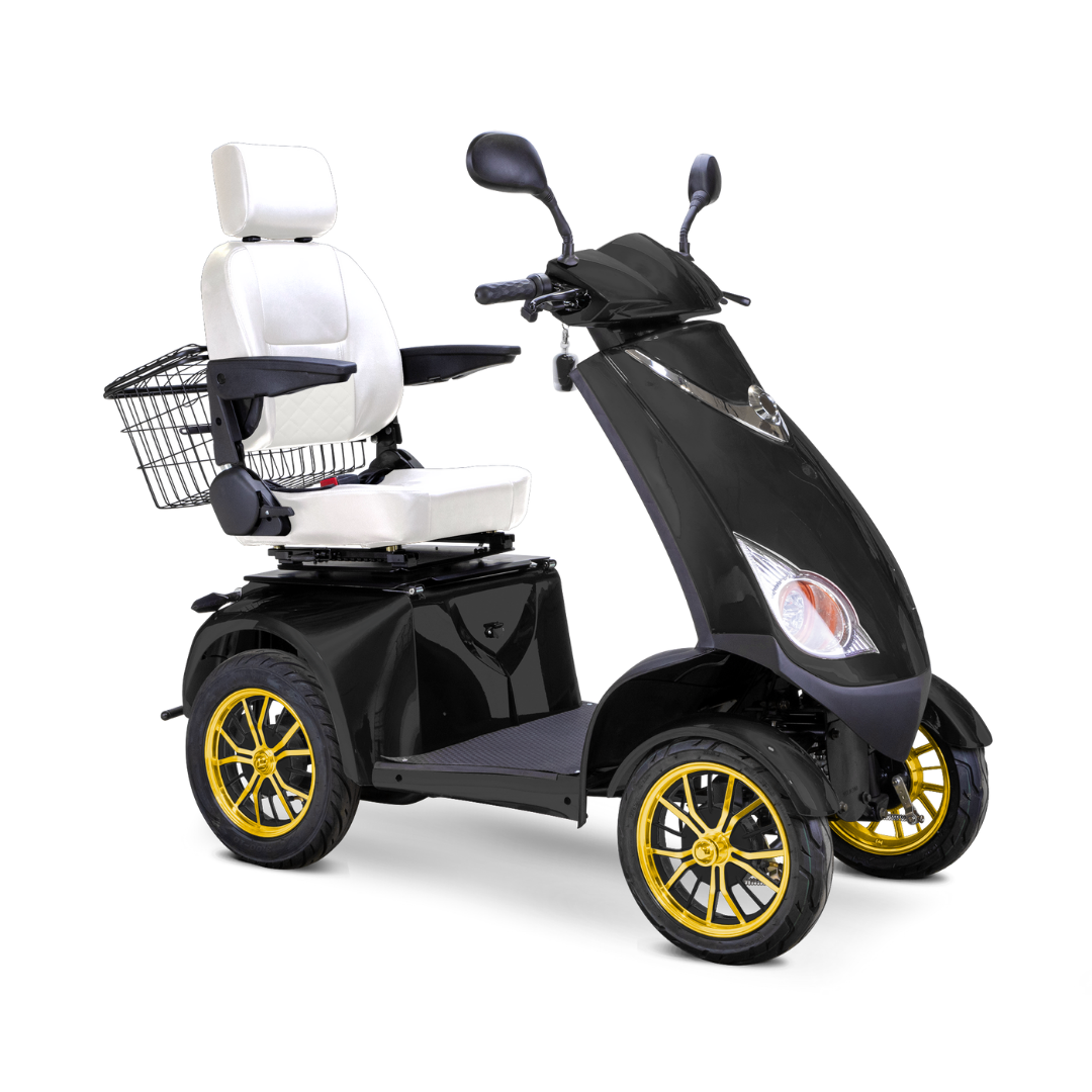 The Bespoke Platinum Recreational 4-Wheel Scooter with Electric Brake Assist features a black frame, yellow rims, large cushioned white seat with armrests and headrest, side mirrors, handlebar controls, smart tech, powerful motor, and rear wire basket.